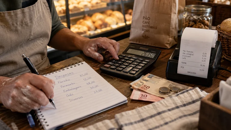 Responsável por uma padaria conferindo recibos e despesas com uma calculadora.