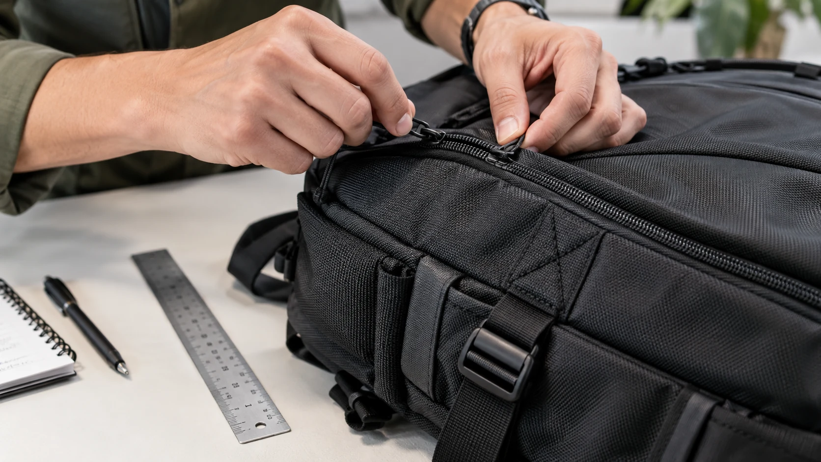 Inspeção do acabamento e do zíper de uma mochila antes de uma recomendação.