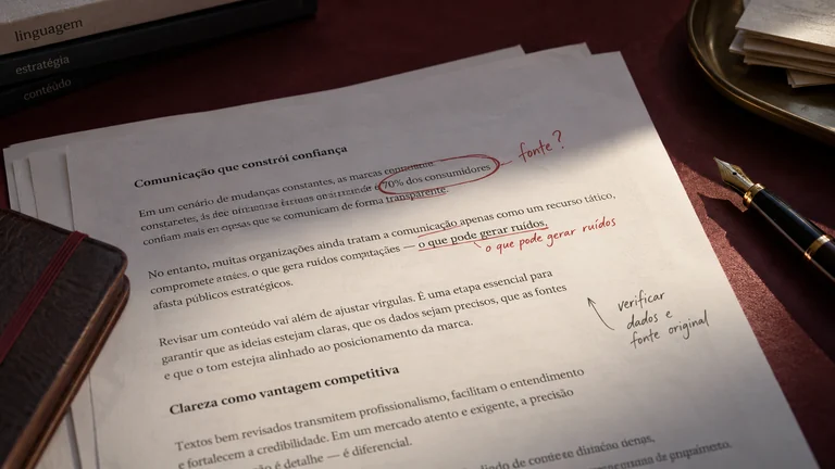 Prova editorial com marcações de revisão sobre uma superfície vinho.